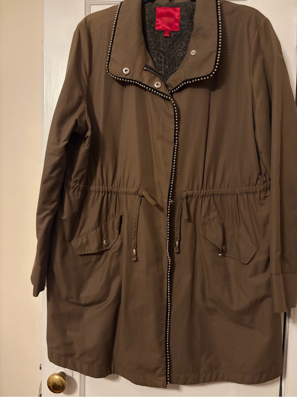 Jennifer Lopez Olive Trench Coat with Stud Trim